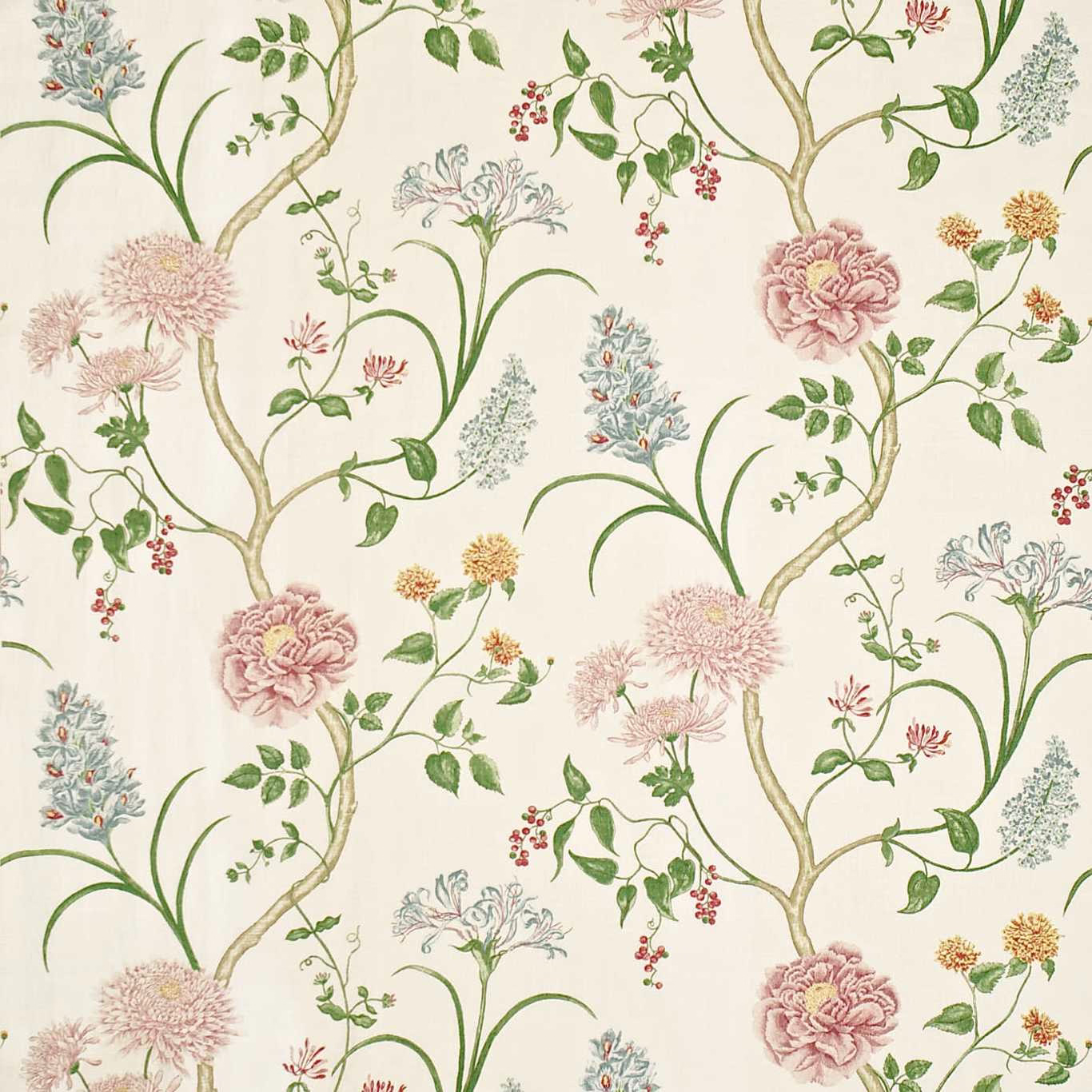 Cream fabric swatch with climbing botanical branches, lilac-pink flowers and green leaves