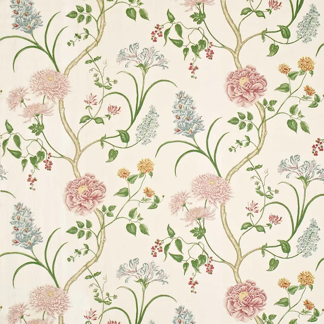 Cream fabric swatch with climbing botanical branches, lilac-pink flowers and green leaves