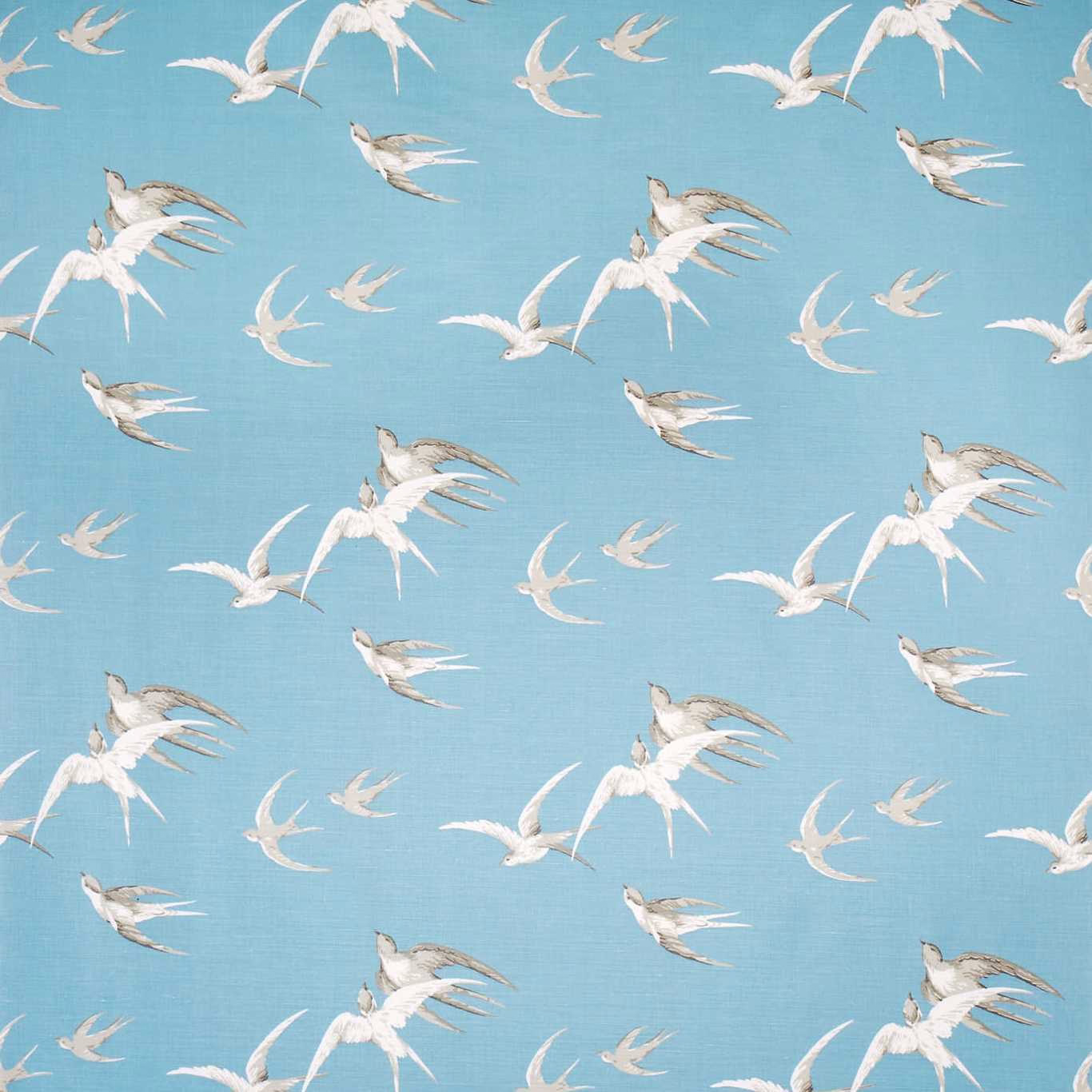 Blue fabric swatch with flying swallow pattern in white and grey