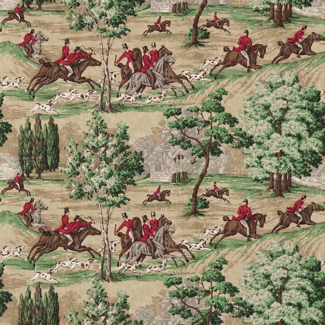 Scenic hunting fabric with riders in crimson coats, green trees and horses