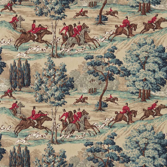 Teal hunting scene fabric with ruby riders, horses and trees