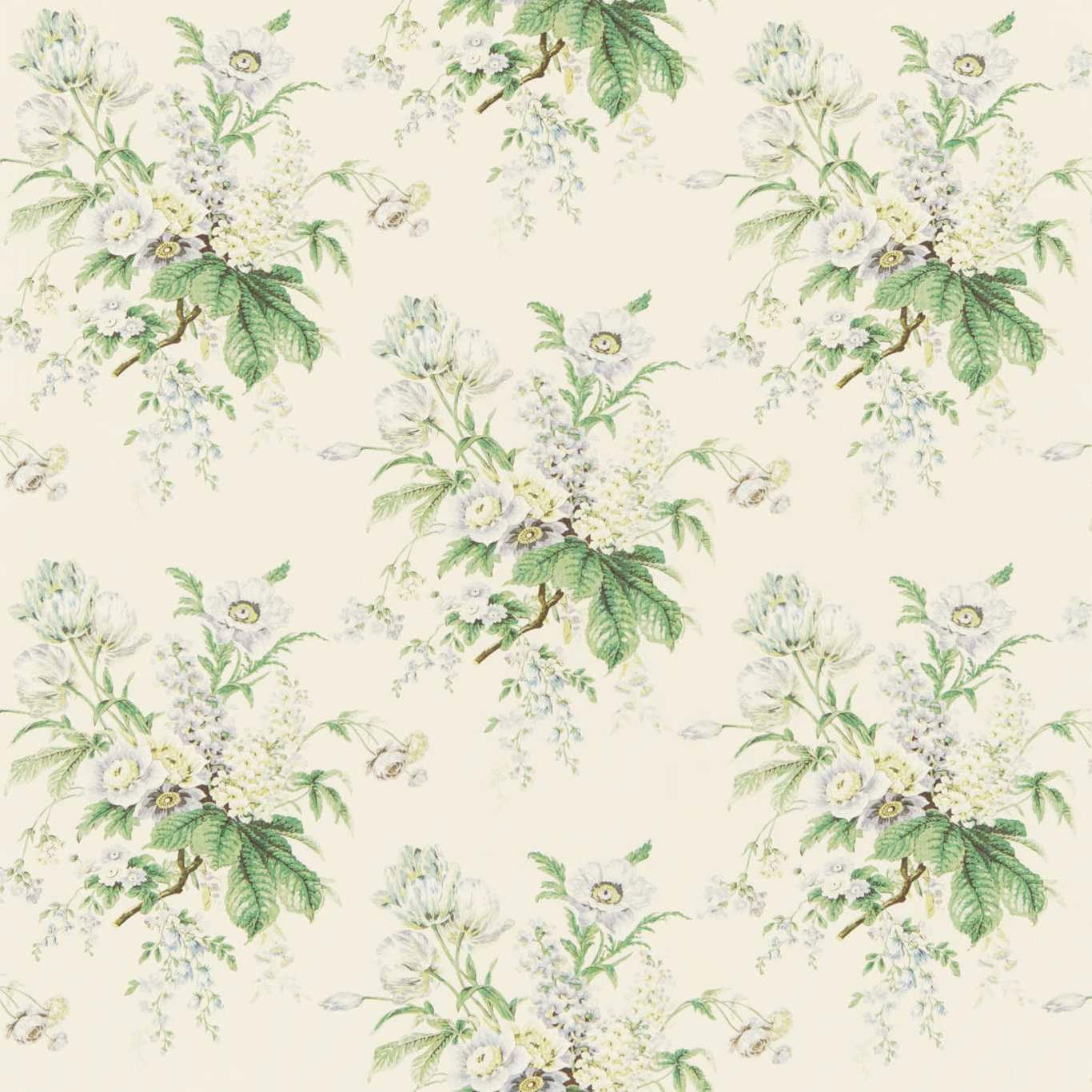 Cream floral fabric with sage leaves and soft silver blossoms