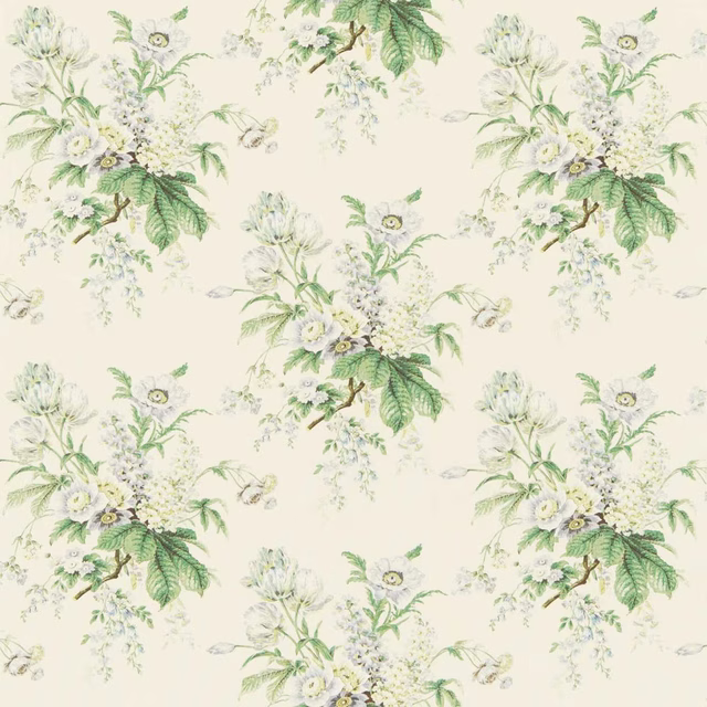Cream floral fabric with sage leaves and soft silver blossoms