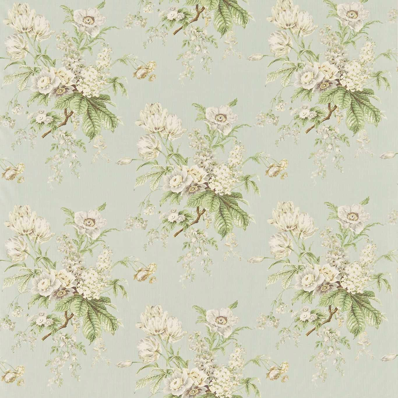 Pale silver-sage floral fabric with cream blossoms and green leaves