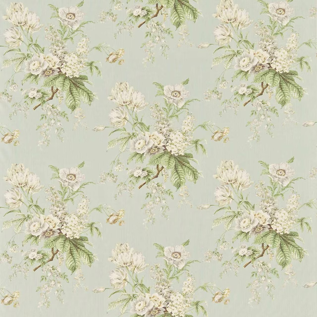 Pale silver-sage floral fabric with cream blossoms and green leaves