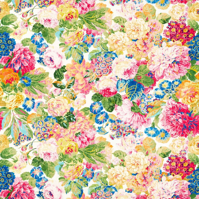 White-ground floral fabric with pink, blue, yellow and green blossoms