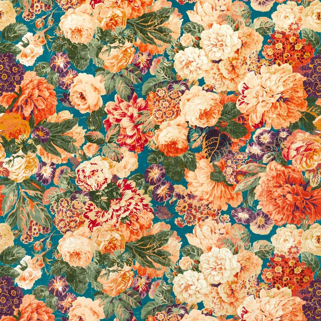 Large floral velvet swatch in teal with coral, cream and berry blooms