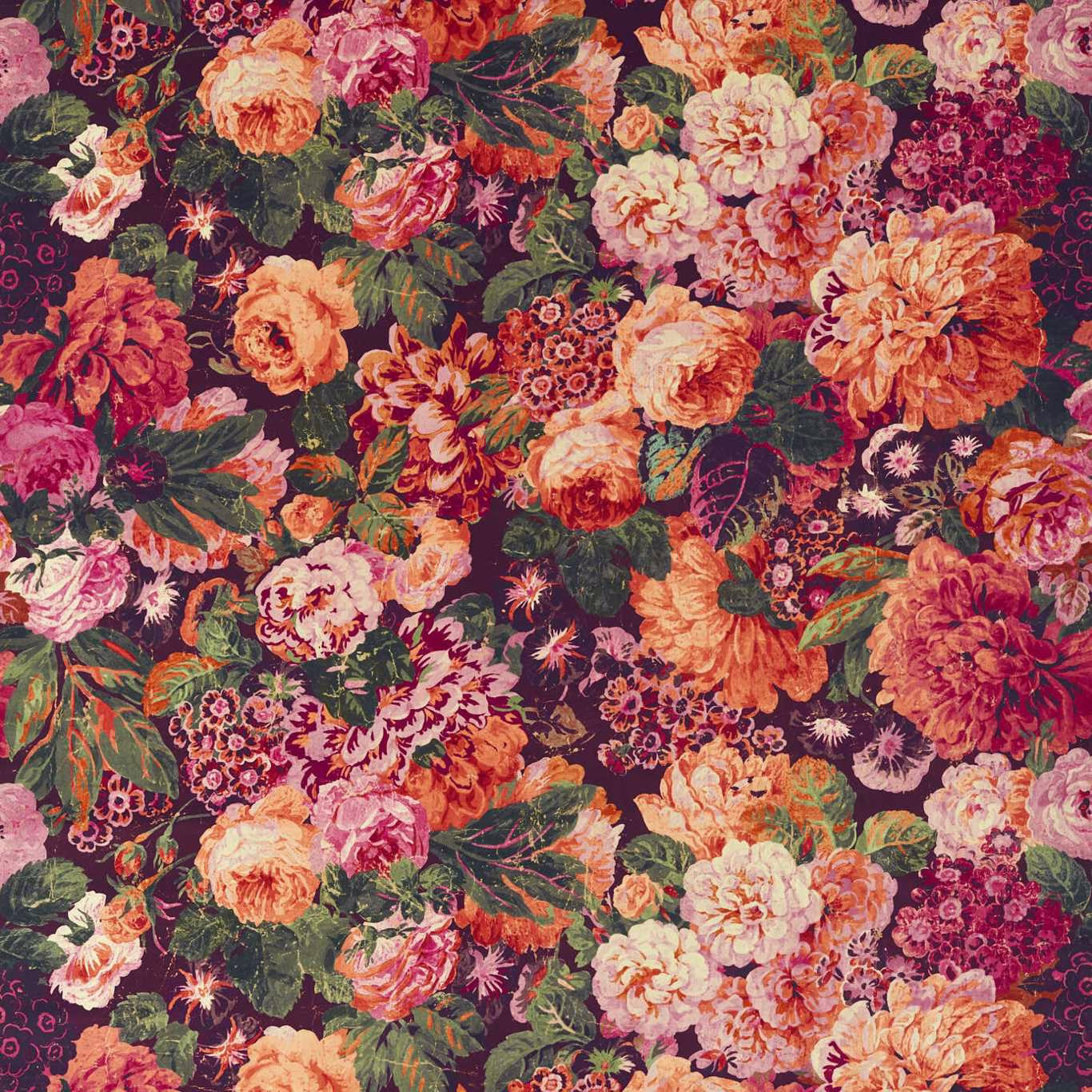 Bold floral velvet swatch on a deep plum ground with pink, peach and green blooms