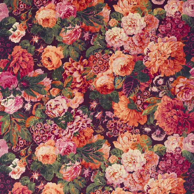 Bold floral velvet swatch on a deep plum ground with pink, peach and green blooms