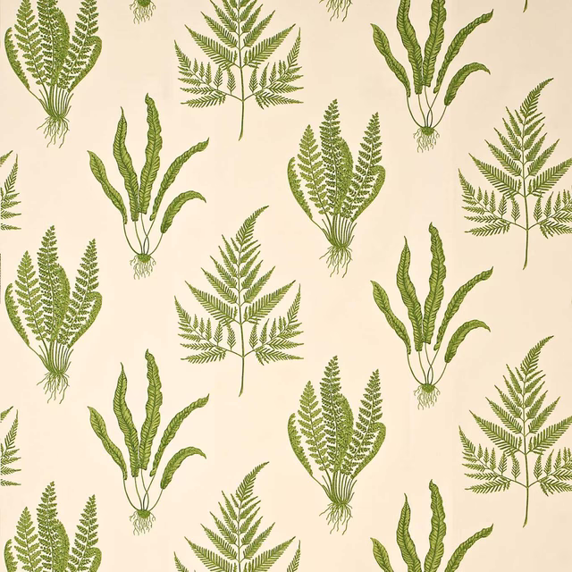 Cream fabric swatch with scattered moss-green fern fronds and leaf sprays