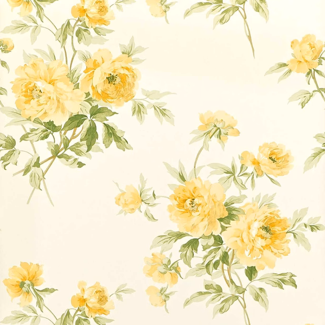Ivory wallpaper with airy yellow flowers, leafy green stems and painterly floral sprays