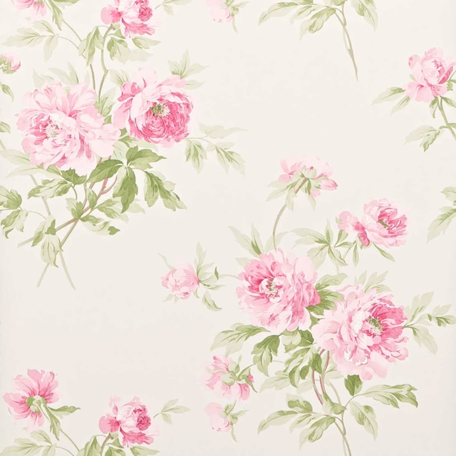 Ivory wallpaper with scattered pink peony bouquets, raspberry centres, and soft green leaves