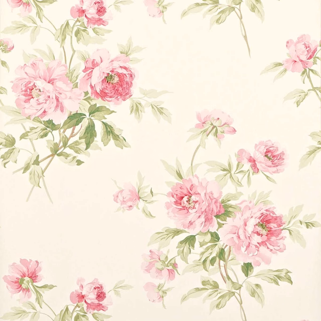 Blush pink peony clusters and trailing green foliage on a warm cream wallpaper ground