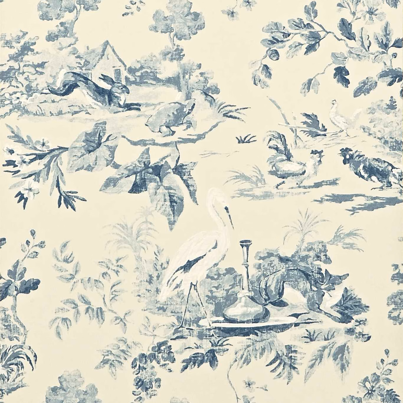 Pale blue toile scenes with birds, foliage and animals on a cream ground