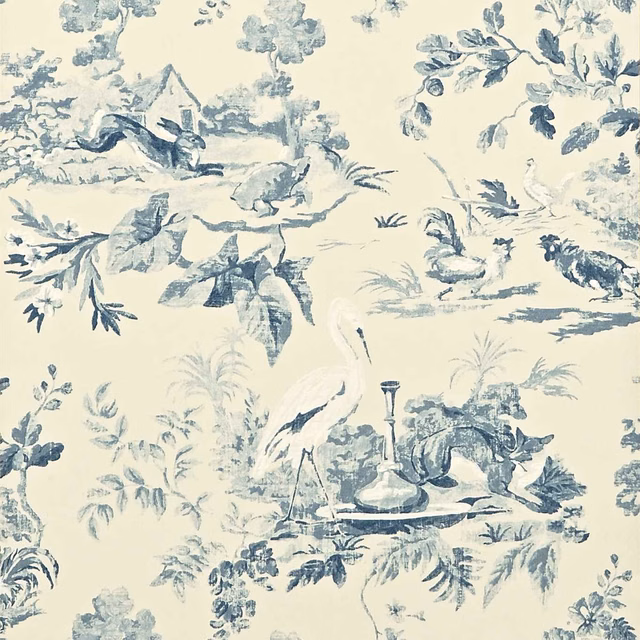 Pale blue toile scenes with birds, foliage and animals on a cream ground