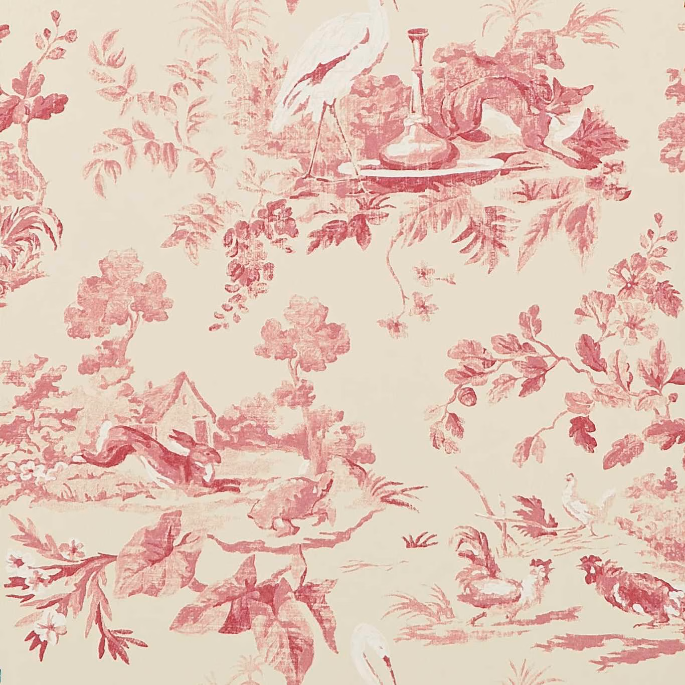 Dusty pink pastoral toile scenes with a candlestick on a warm cream ground