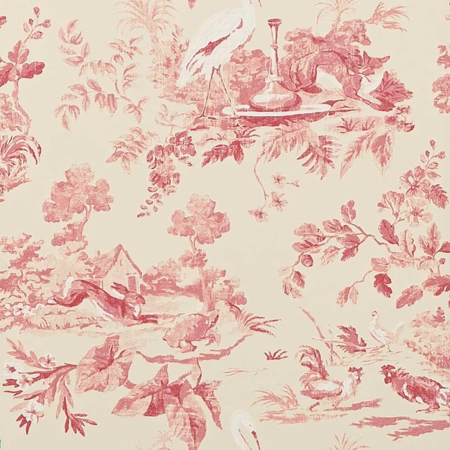 Dusty pink pastoral toile scenes with a candlestick on a warm cream ground