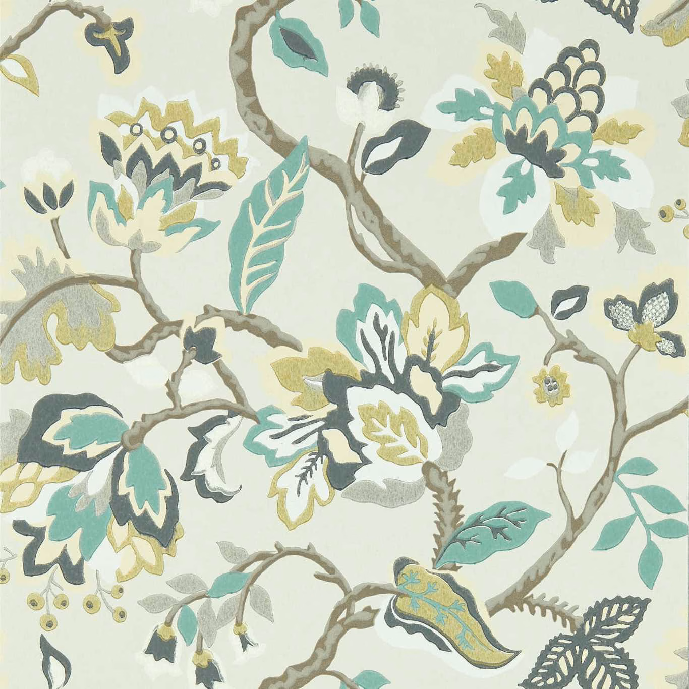 Pale grey-green wallpaper with teal, ochre and charcoal flowering branches