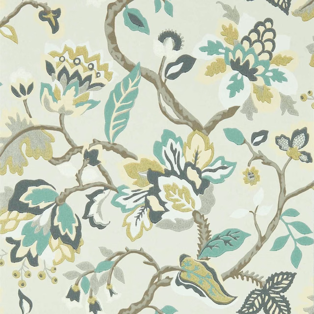 Pale grey-green wallpaper with teal, ochre and charcoal flowering branches