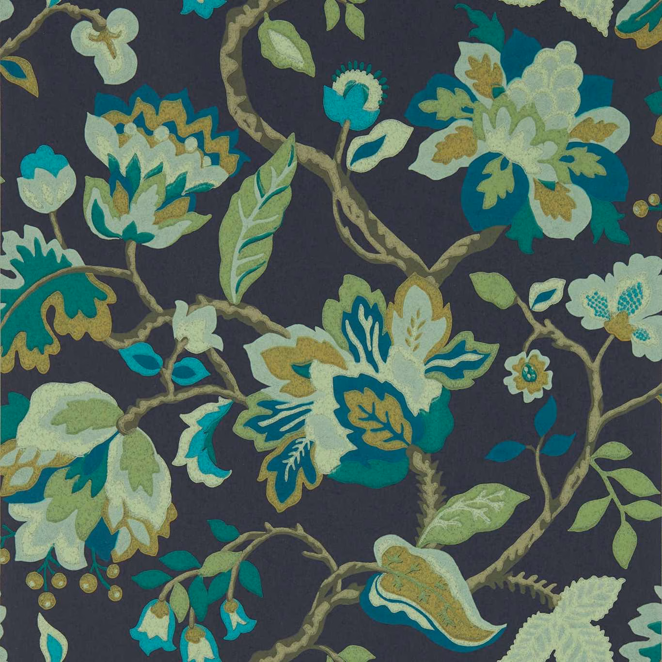 Midnight blue wallpaper with large eucalyptus, teal and olive botanical flowers