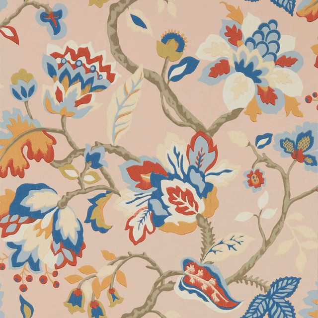 Salmon pink wallpaper with dove blue flowers, red blooms and winding sage branches
