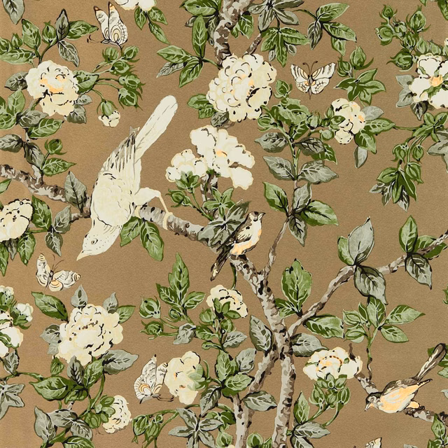 Gold metallic wallpaper with green branches, cream blossom and perched birds