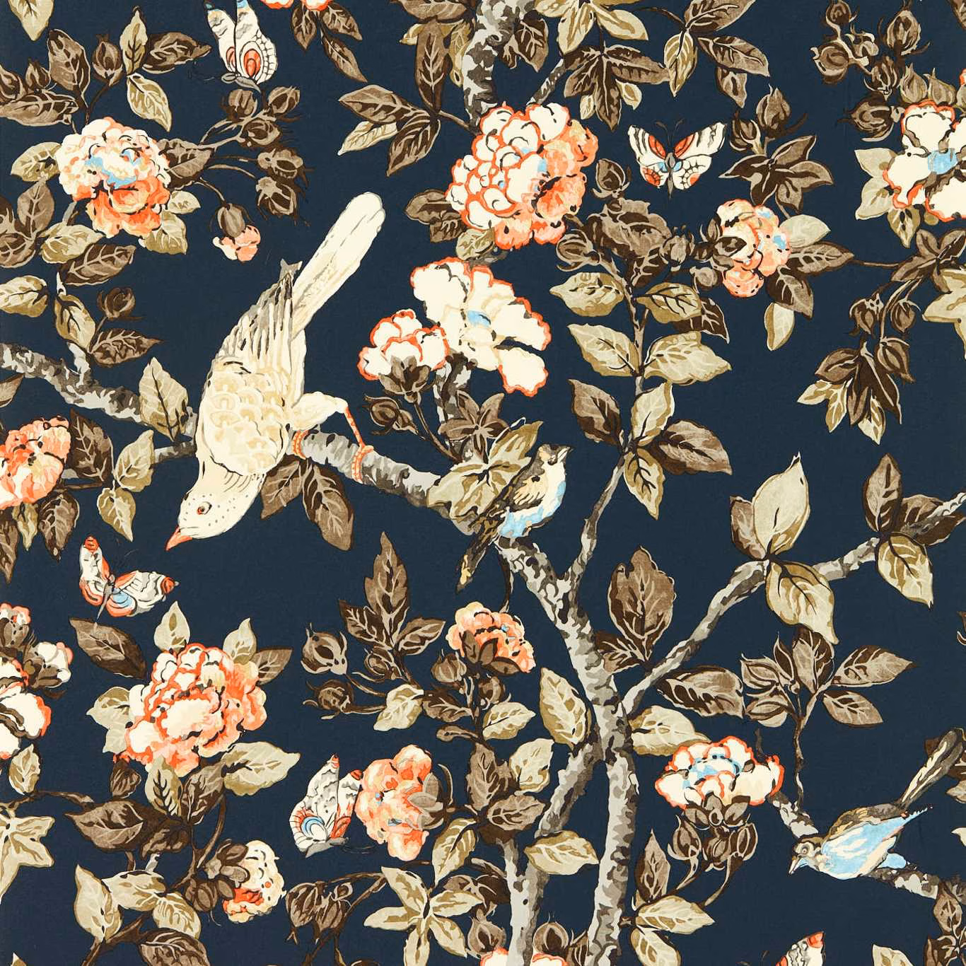 Indigo wallpaper with coral peonies, pale birds and twisting botanical branches