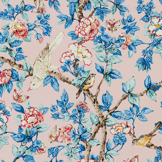 Blush wallpaper with French-blue foliage, birds, peonies and winding branches