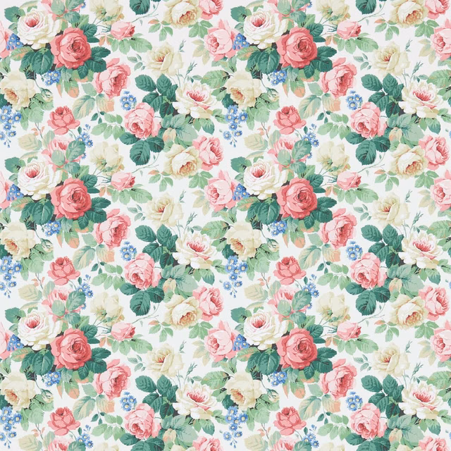 White floral wallpaper with coral-pink roses, mint foliage and tiny blue flowers
