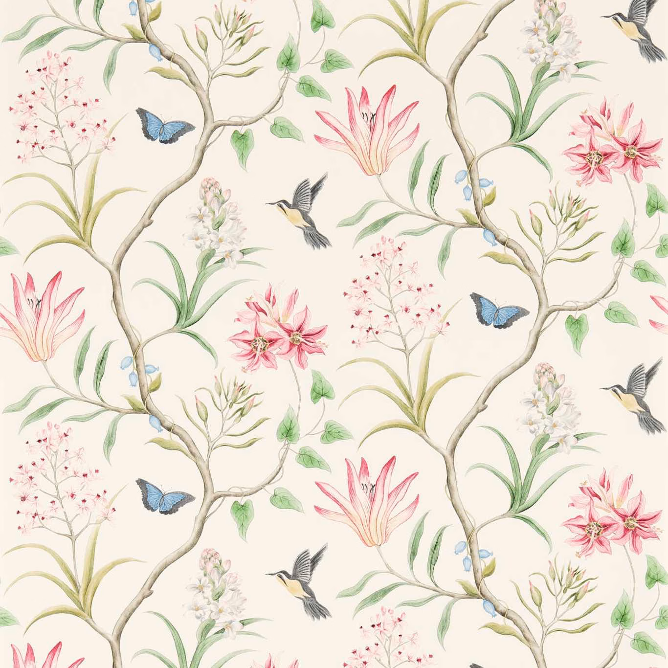 Cream botanical wallpaper with pink lilies, blue butterflies, green leaves and curling branches