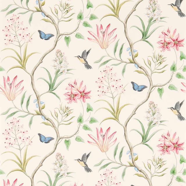Cream botanical wallpaper with pink lilies, blue butterflies, green leaves and curling branches