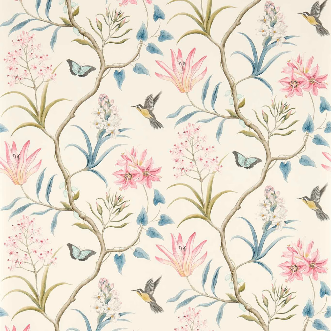 Dusky pink botanical wallpaper with birds, butterflies and blue-green foliage on cream