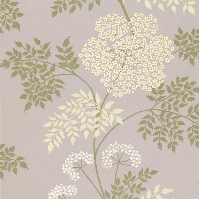 Amethyst-grey wallpaper with sage leaves and ivory cow parsley flower clusters