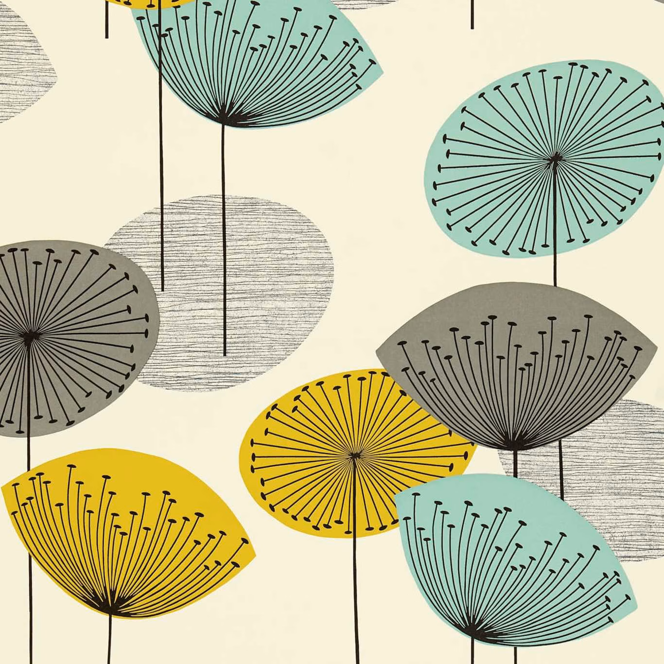Mustard, mint and olive dandelion seedheads with fine black stems on cream wallpaper
