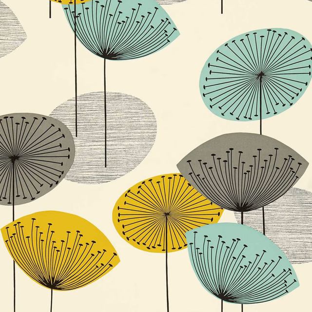 Mustard, mint and olive dandelion seedheads with fine black stems on cream wallpaper