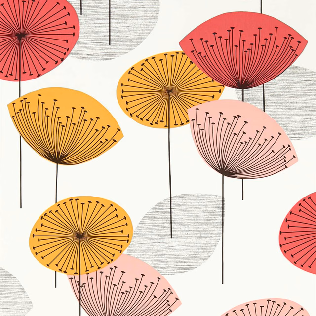 Coral, ochre and blush dandelion-clock heads with black stems on a cream ground