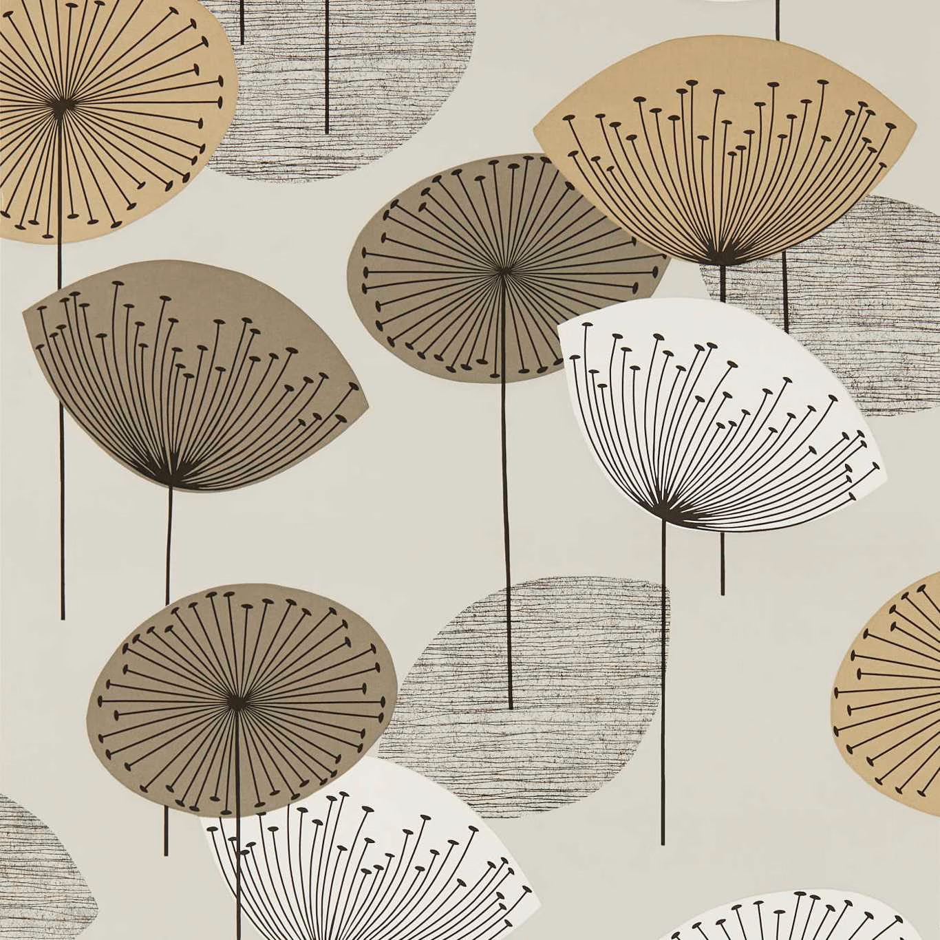 Smoke Tree wallpaper with taupe dandelion heads, cream leaves and charcoal stems