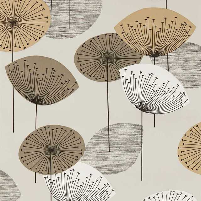 Smoke Tree wallpaper with taupe dandelion heads, cream leaves and charcoal stems