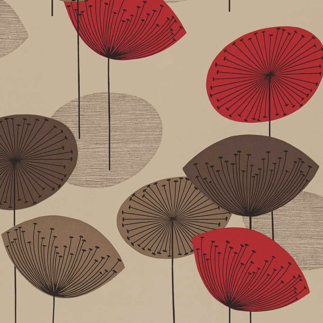 Crimson and taupe dandelion-clock motifs on a warm beige wallpaper ground