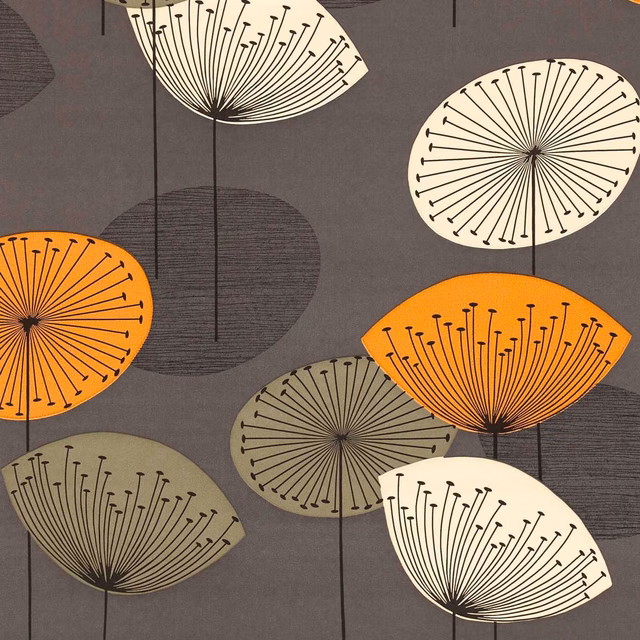 Slate wallpaper with cream, orange and olive dandelion clock heads