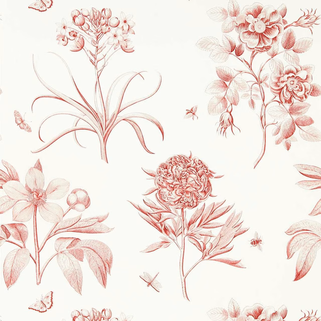 Cream wallpaper with etched antique-red flowers, butterflies and airy botanical stems