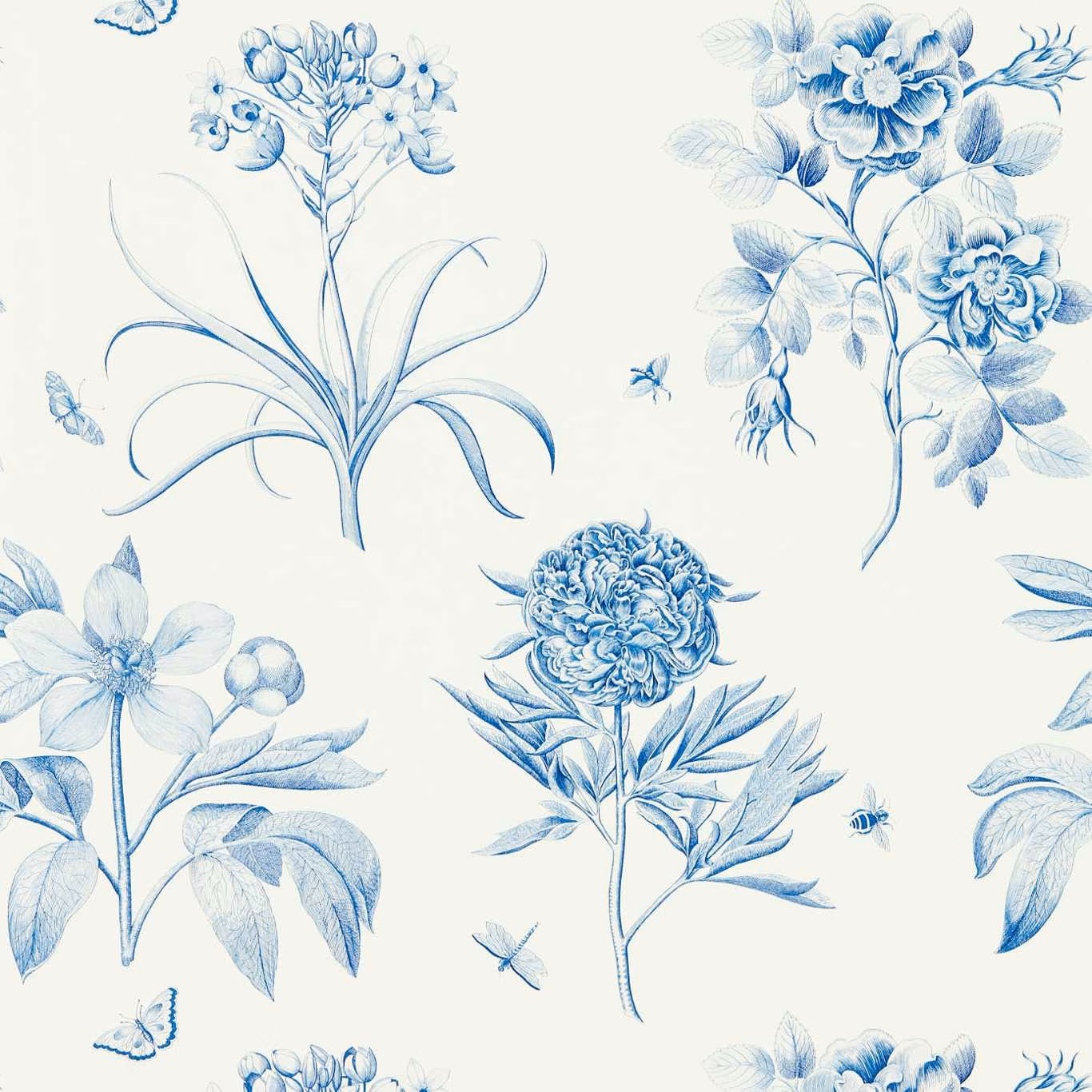 China Blue wallpaper showing detailed blue roses and botanical stems on an ivory ground