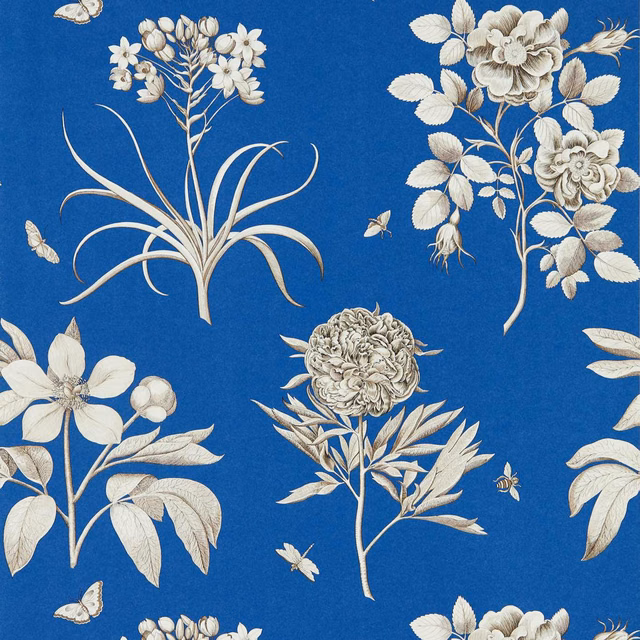 French blue wallpaper with ivory roses, foliage, flowers and scattered butterflies
