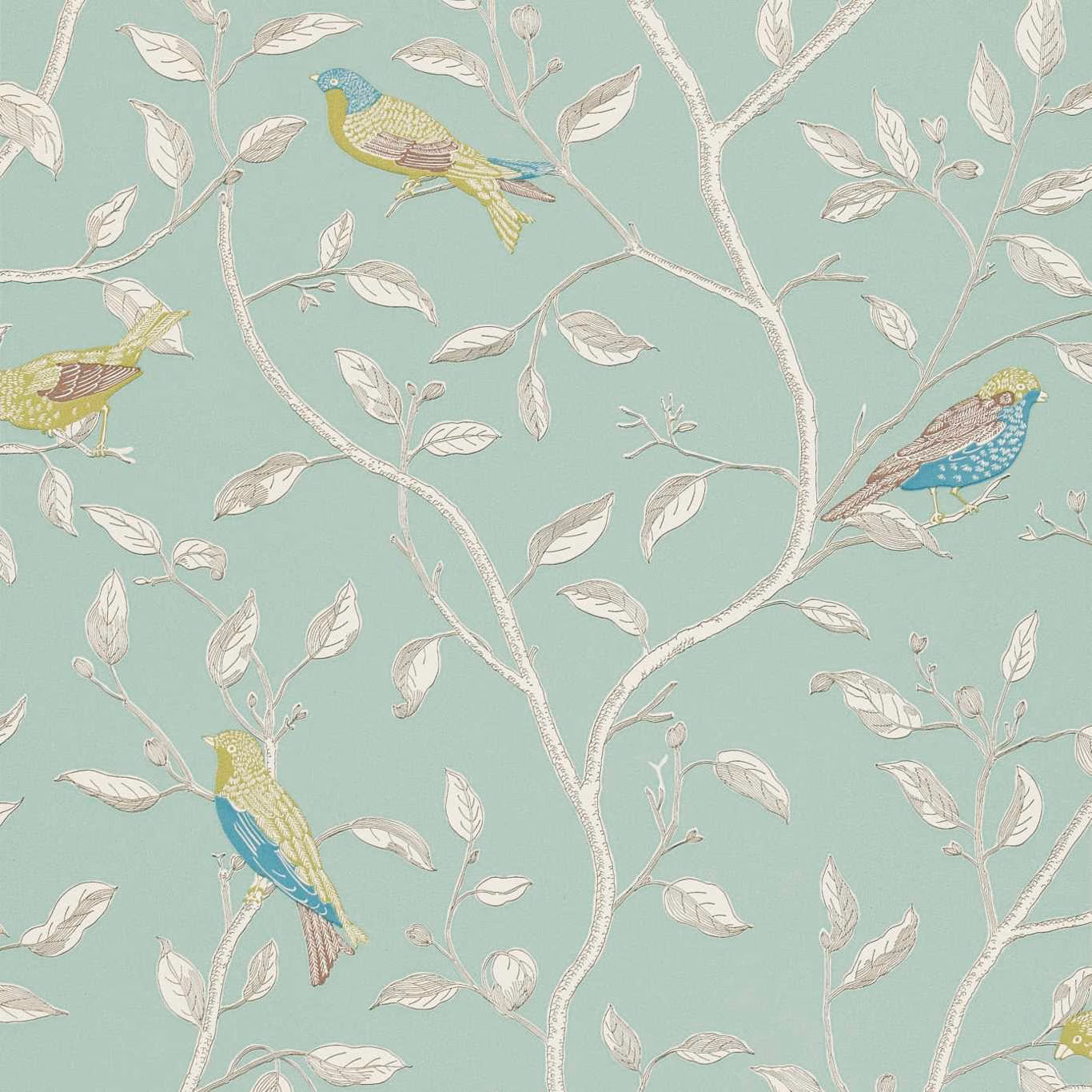 Duck egg blue-green wallpaper with colourful finches, pale branches and scattered leaves