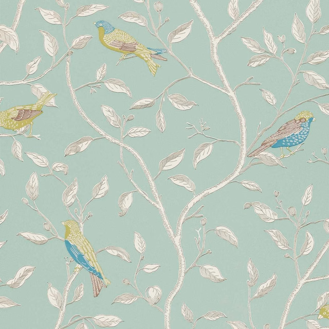 Duck egg blue-green wallpaper with colourful finches, pale branches and scattered leaves