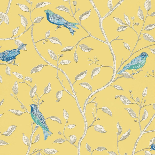 Warm yellow wallpaper with turquoise-blue finches, pale branches and outlined leaves
