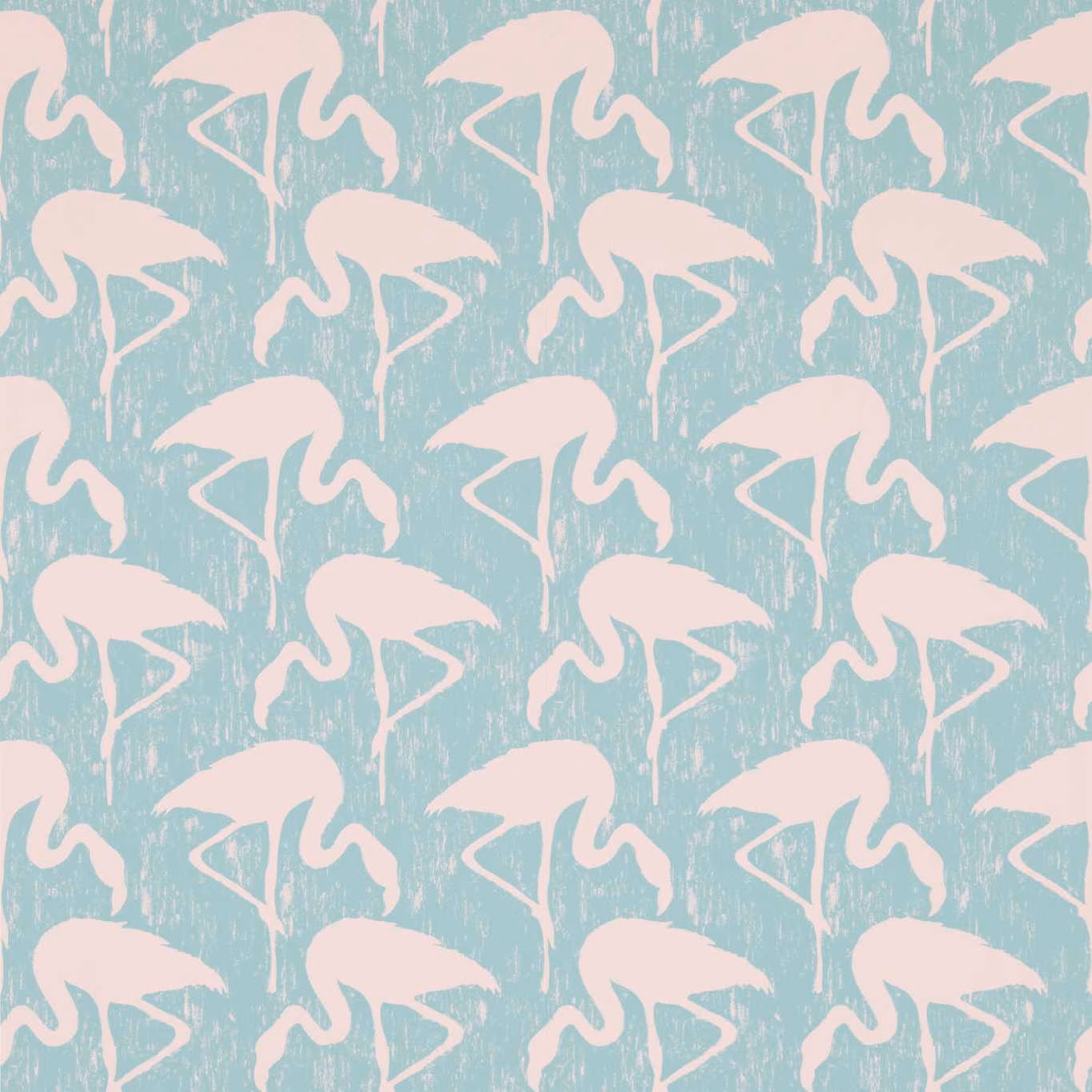 Blush pink flamingos repeating across a distressed pale turquoise wallpaper ground