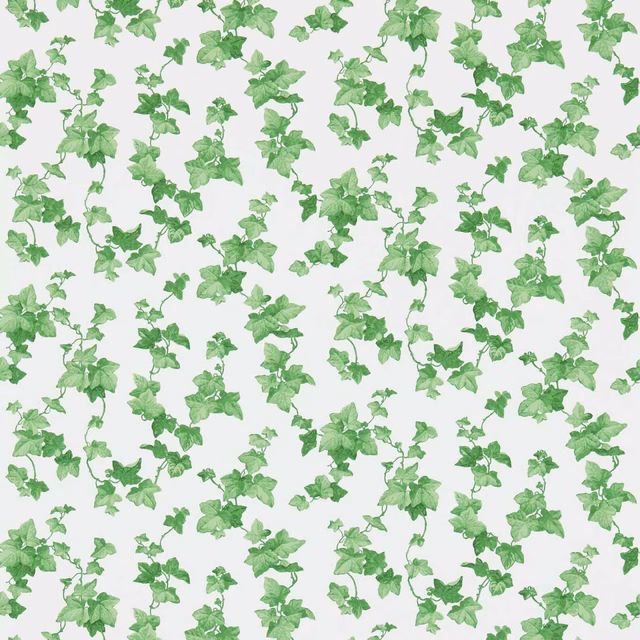 Watercolour ivy leaves in layered fresh greens scattered over a soft white wallpaper ground