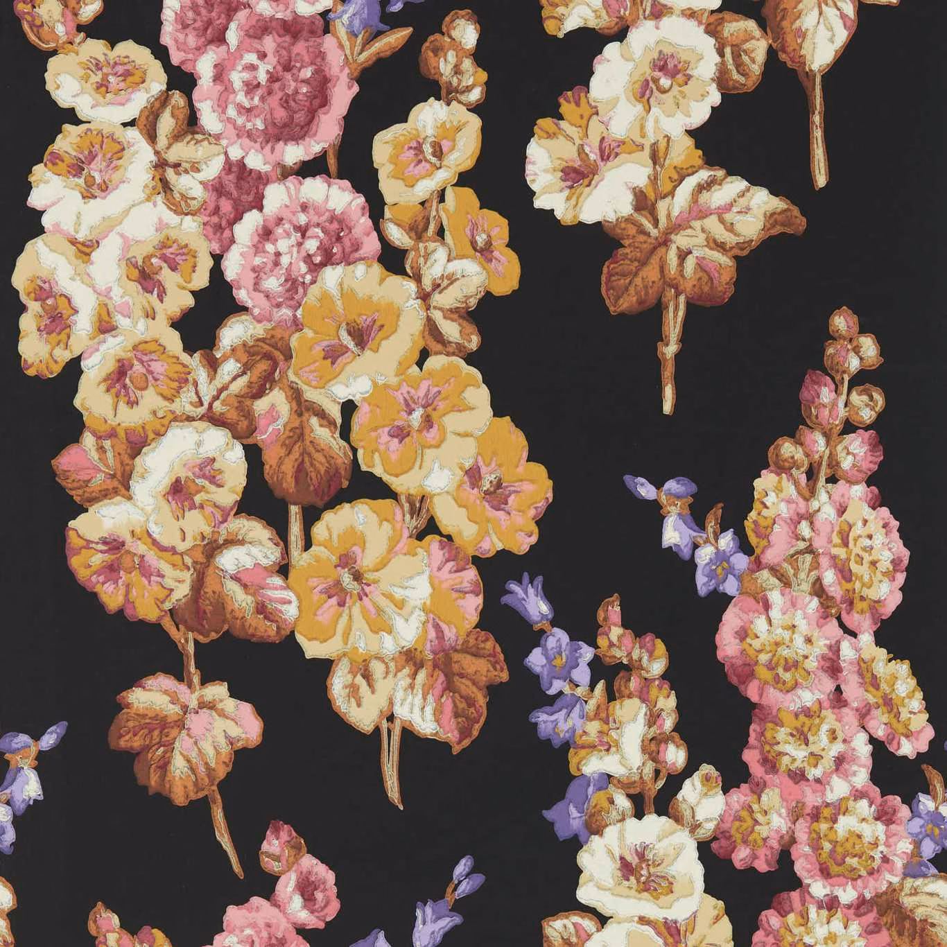 Black wallpaper with copper, pink, cream and violet hollyhock sprays