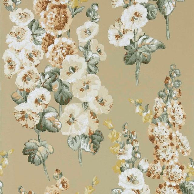 Tan-gold wallpaper with ivory hollyhocks, sage leaves and brown flower centres